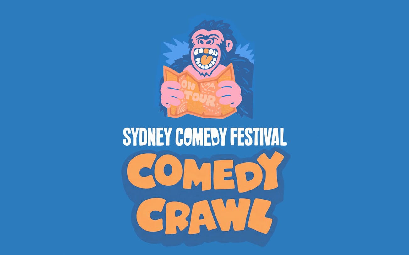 Sydney Comedy Festival Comedy Crawl logo with cartoon character holding a map.