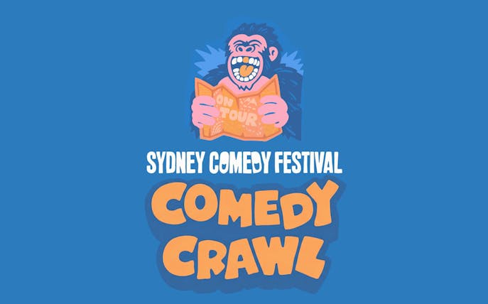 Sydney Comedy Festival Comedy Crawl logo with cartoon character holding a map.