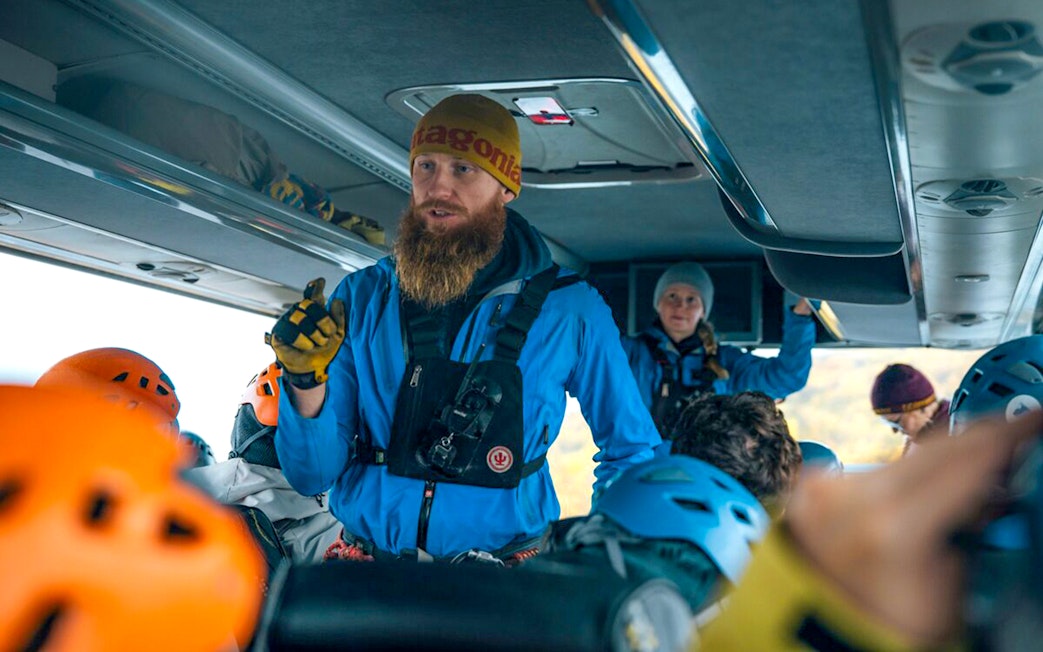 Tour guide briefing guests on Blue Ice Cave & Glacier Hike, Vatnajökull, Skaftafell.
