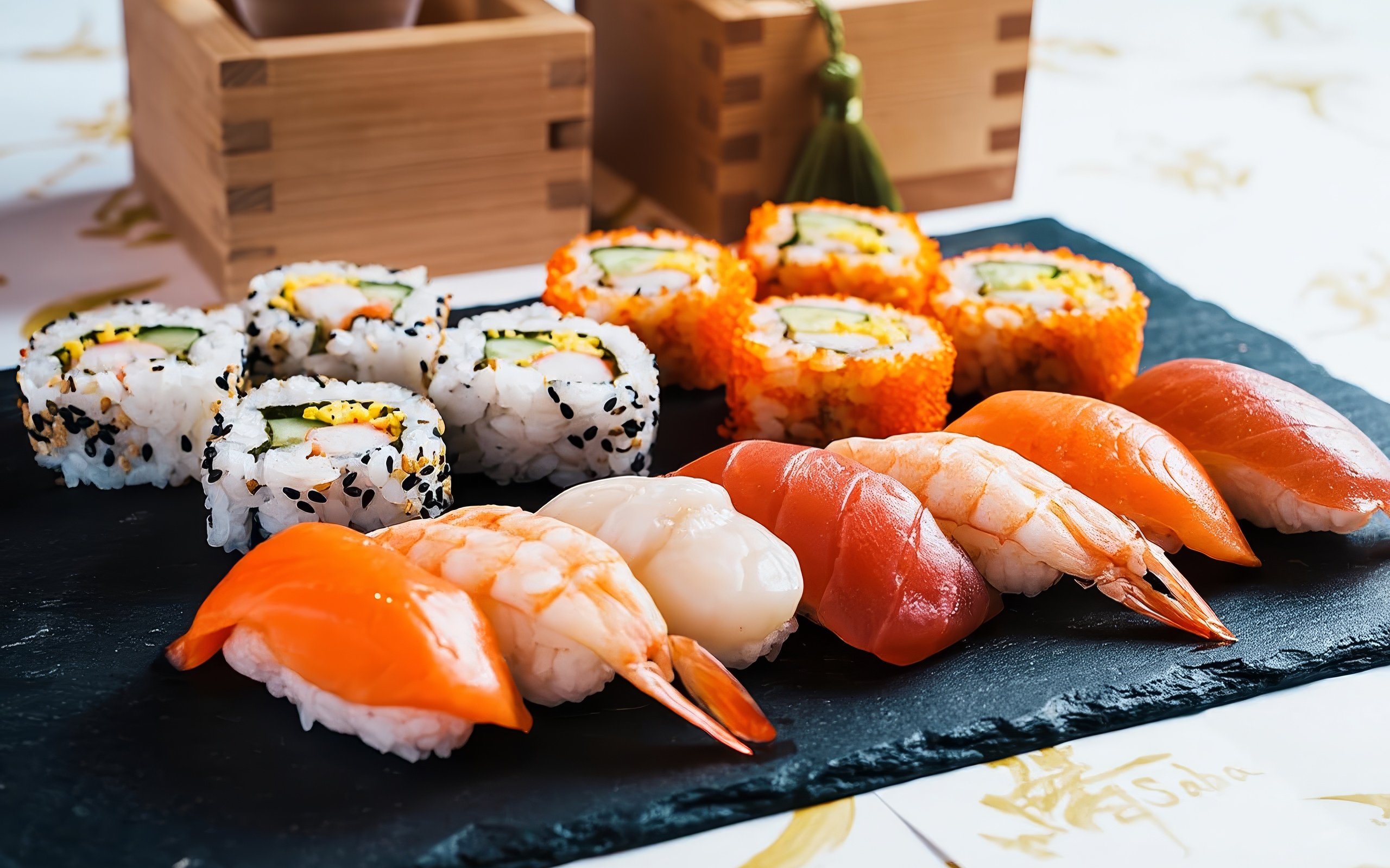 Sushi platter with nigiri and rolls at a sushi making class in Asakusa, Tokyo.