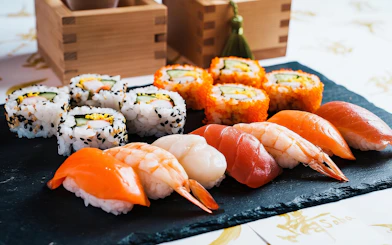 Sushi platter with nigiri and rolls at a sushi making class in Asakusa, Tokyo.
