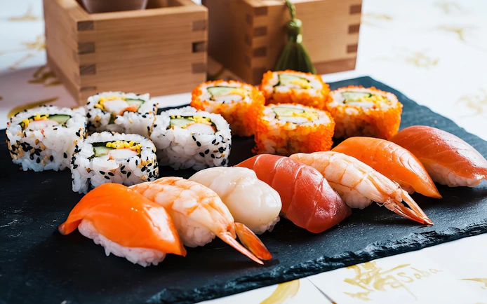 Sushi platter with nigiri and rolls at a sushi making class in Asakusa, Tokyo.