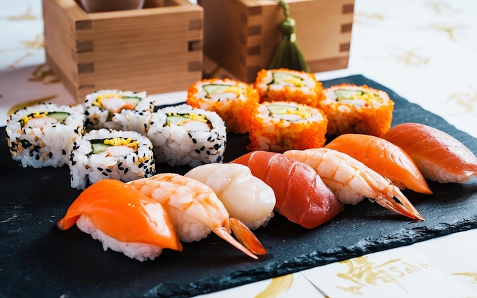 Sushi platter with nigiri and rolls at a sushi making class in Asakusa, Tokyo.