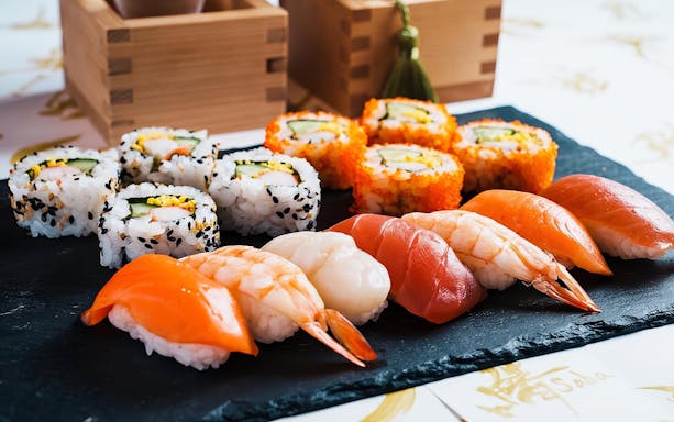 Sushi platter with nigiri and rolls at a sushi making class in Asakusa, Tokyo.