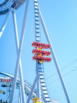 People riding a vertical roller coaster at Dorney Park.