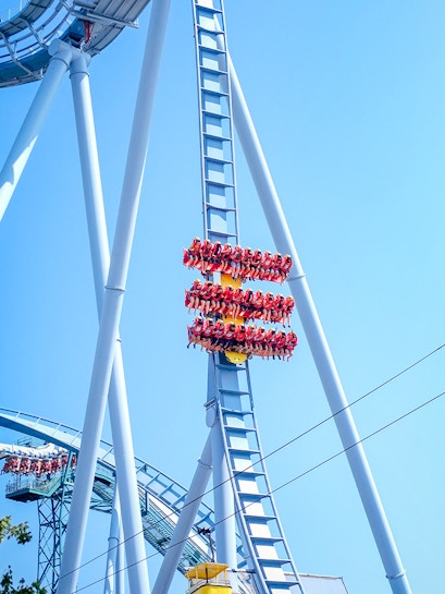 People riding a vertical roller coaster at Dorney Park.
