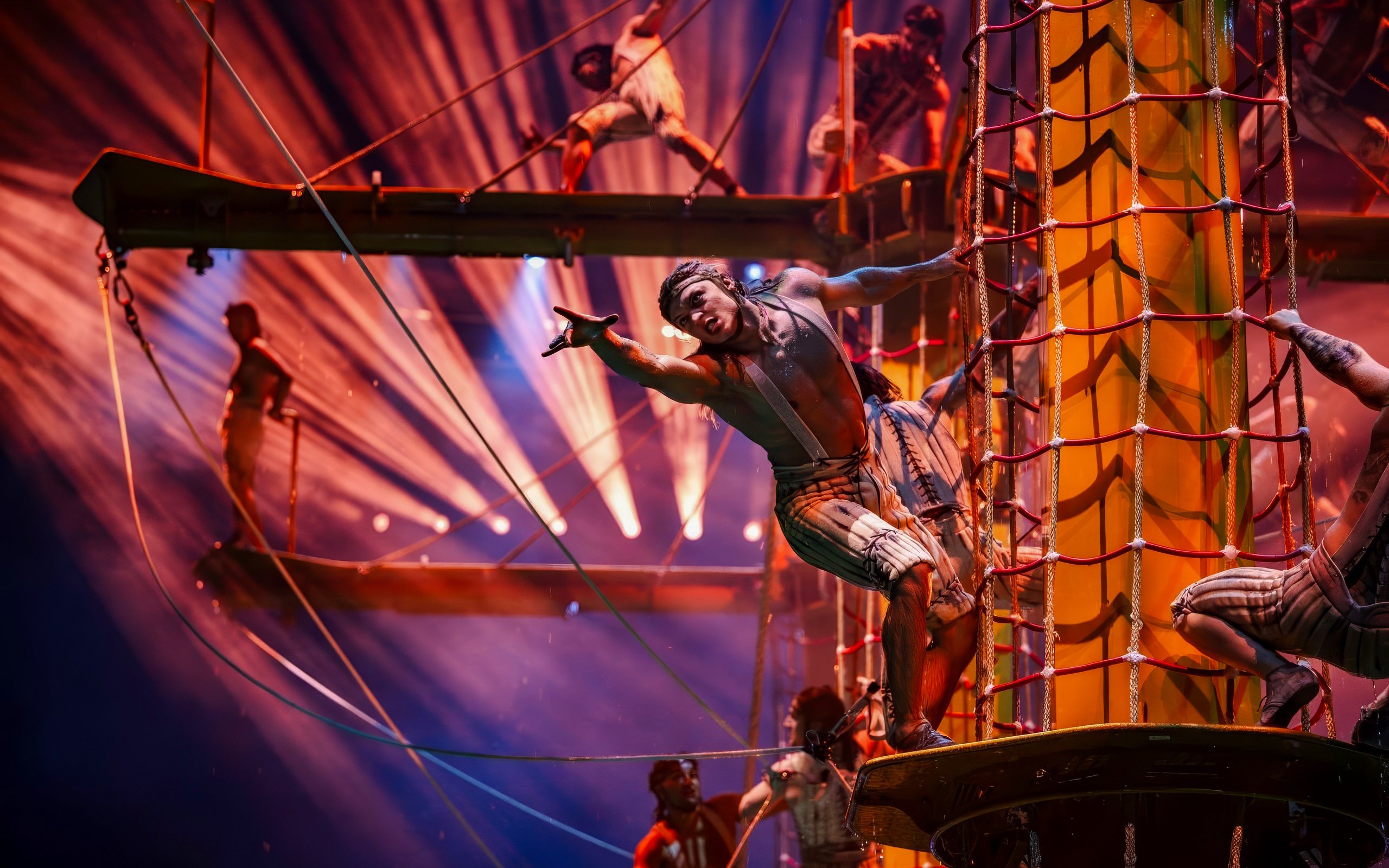 Performers on ropes during House of Dancing Water Show.