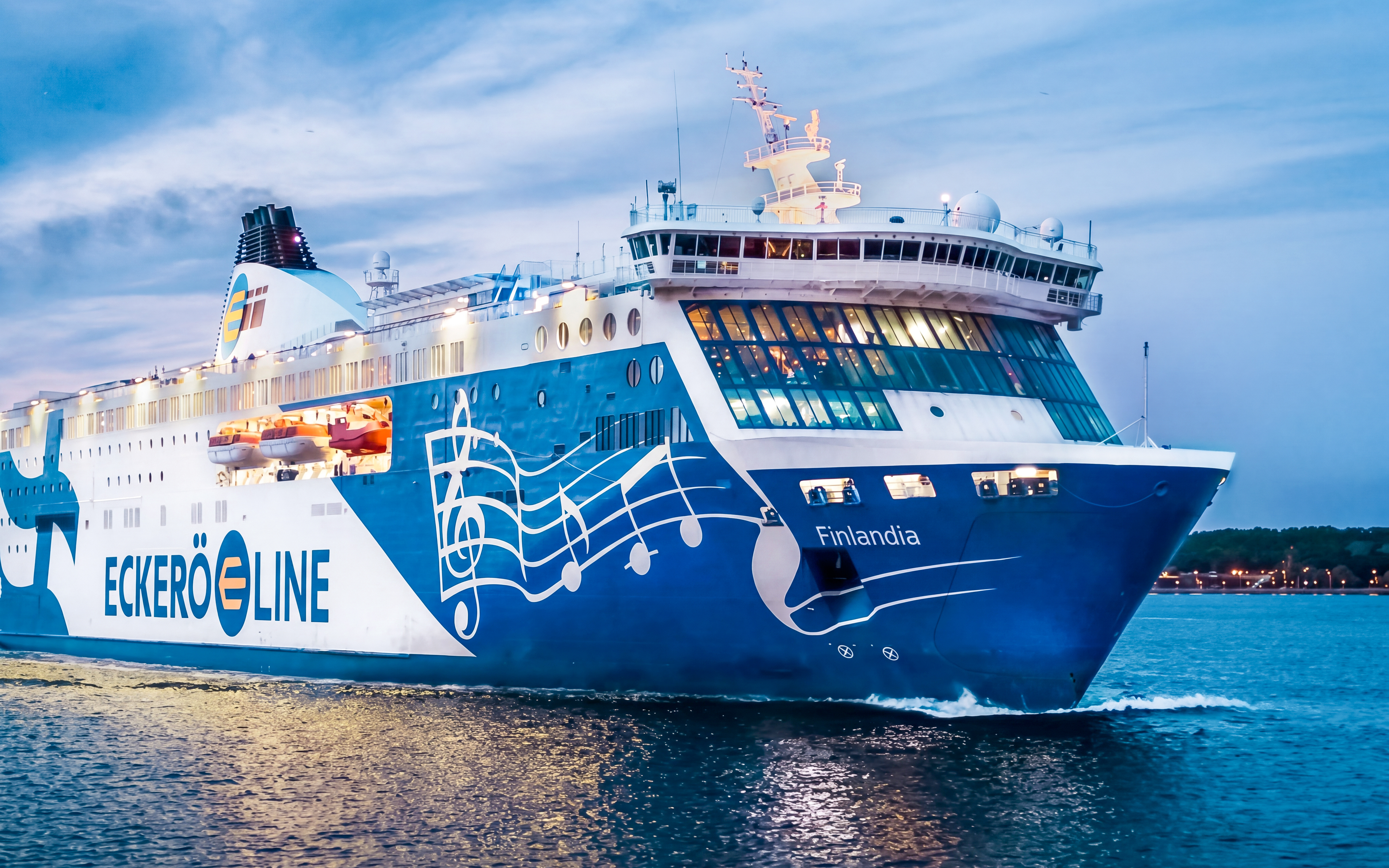 Ferry from Helsinki to Tallinn on the water at dusk.