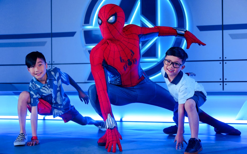 Children posing with Spiderman on 3-Night Disney Adventure Cruise.