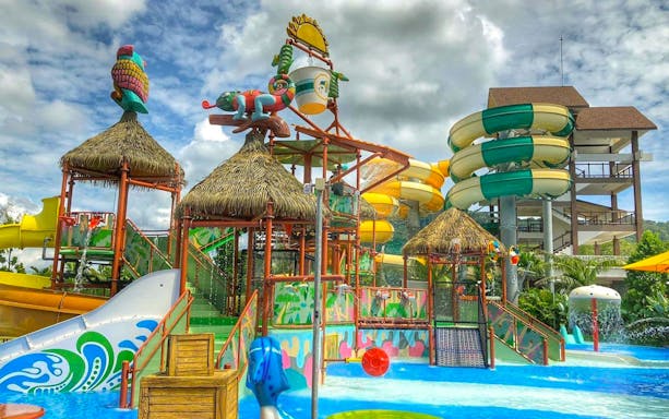 Water slides and play structures at Amverton Riverine Splash water park.