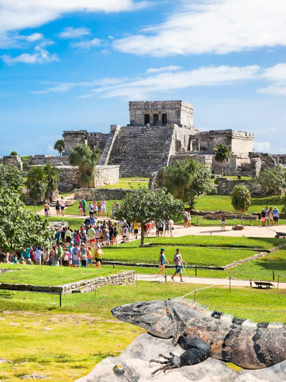 Iguana on ancient Tulum ruins with tourists in Mexico.