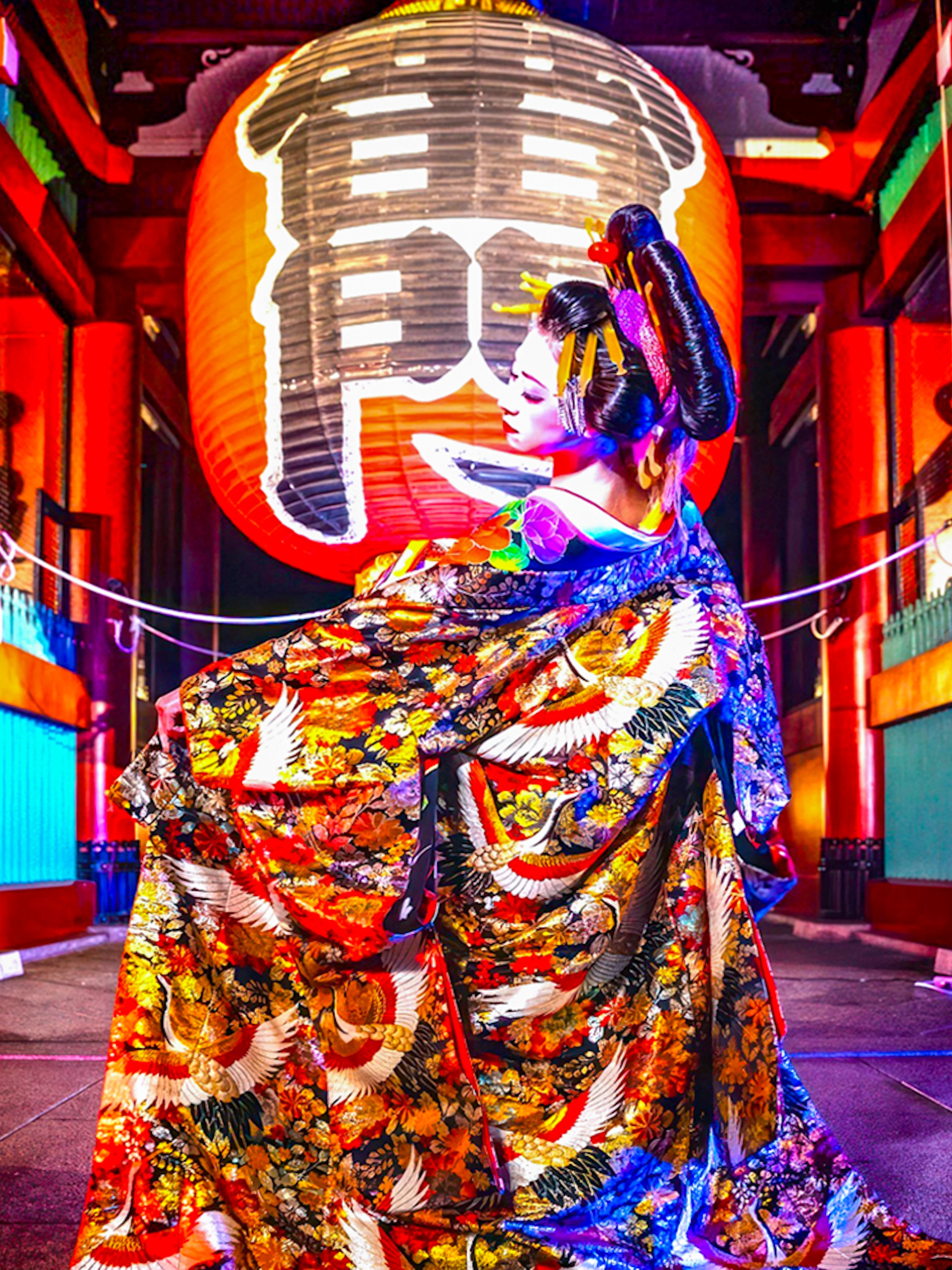 Performer in traditional attire at Japanese cabaret theatre, Tokyo.