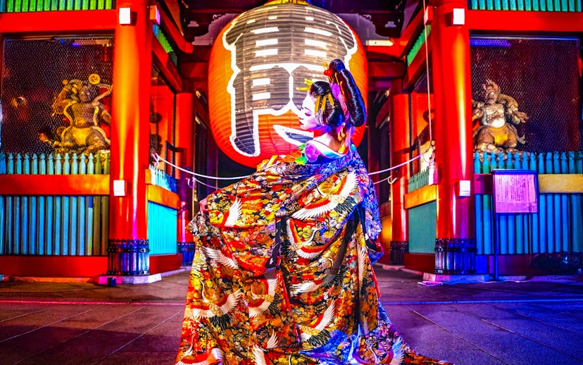 Performer in traditional attire at Japanese cabaret theatre, Tokyo.