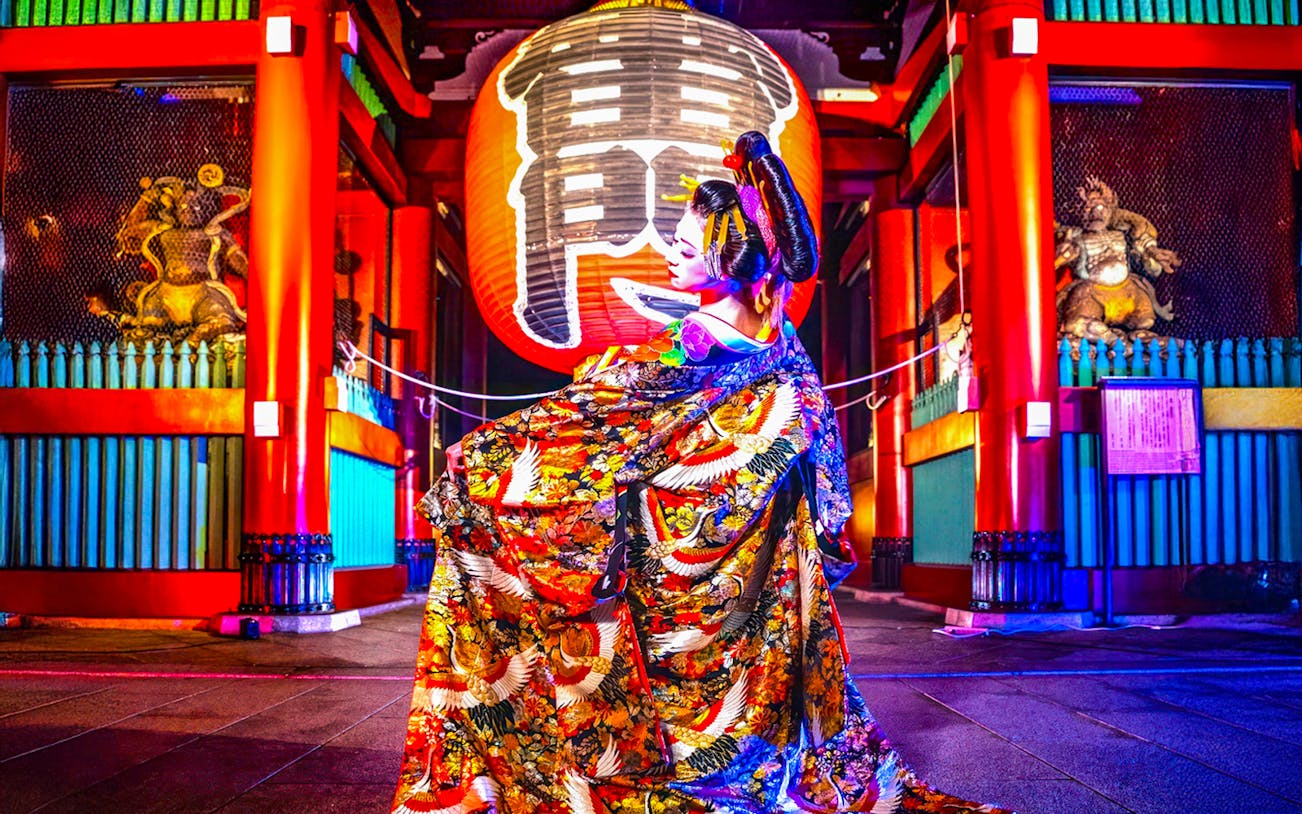 Performer in traditional attire at Japanese cabaret theatre, Tokyo.
