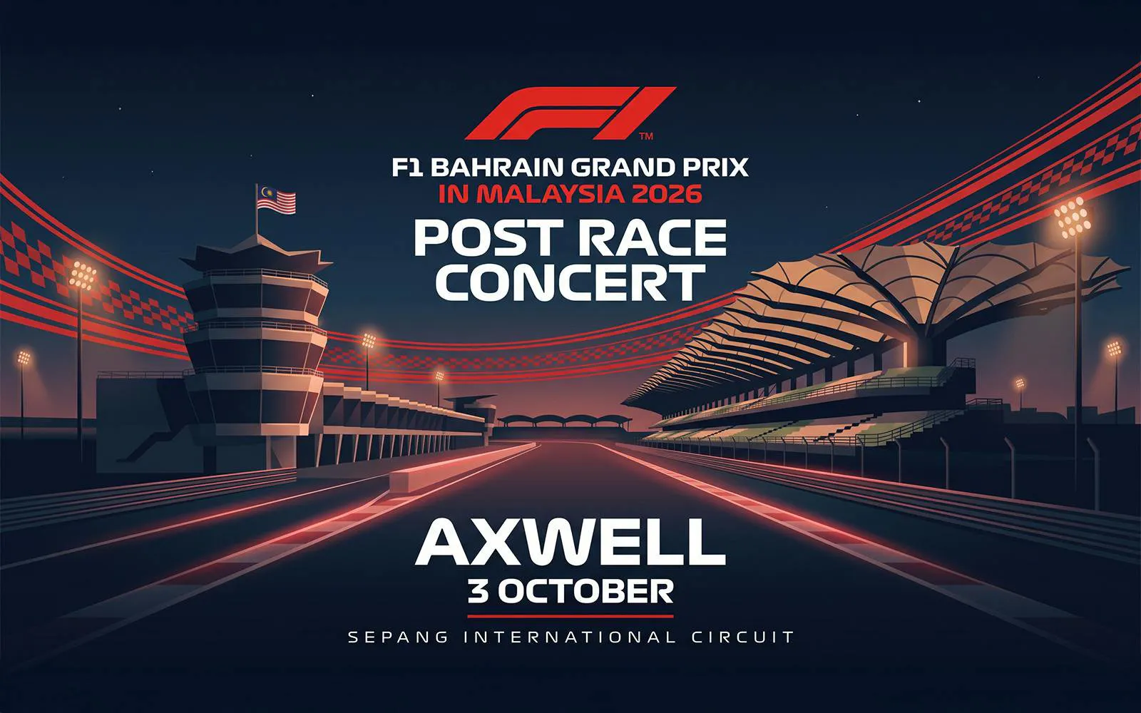 F1 Bahrain Grand Prix 2026 post-race concert at Sepang Circuit featuring Axwell.