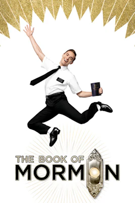 Performer jumping with The Book of Mormon program, Brisbane show promotion.