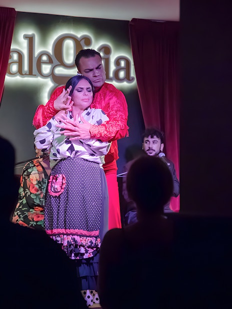 Flamenco dancers performing at Alegría with red curtains in the background.