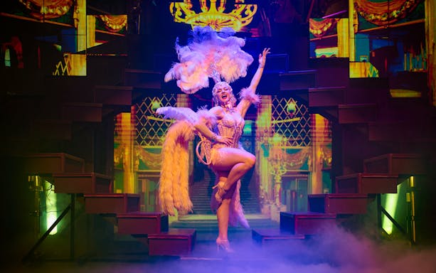 Performer in feathered costume on stage during "A Tribute to JOSEPHINE" evening show.