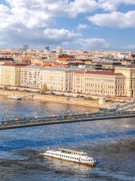 Panorama of Budapest with Chain Bridge and tourist boat on Danube River, Hungary.