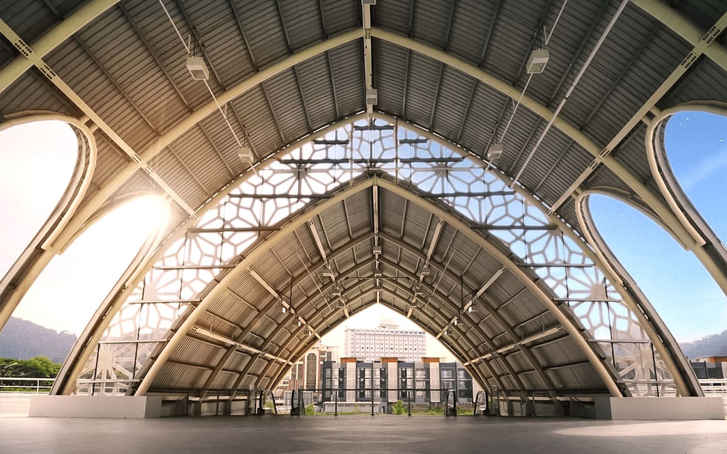 Maha Tower interior with geometric ceiling design, Malaysia.
