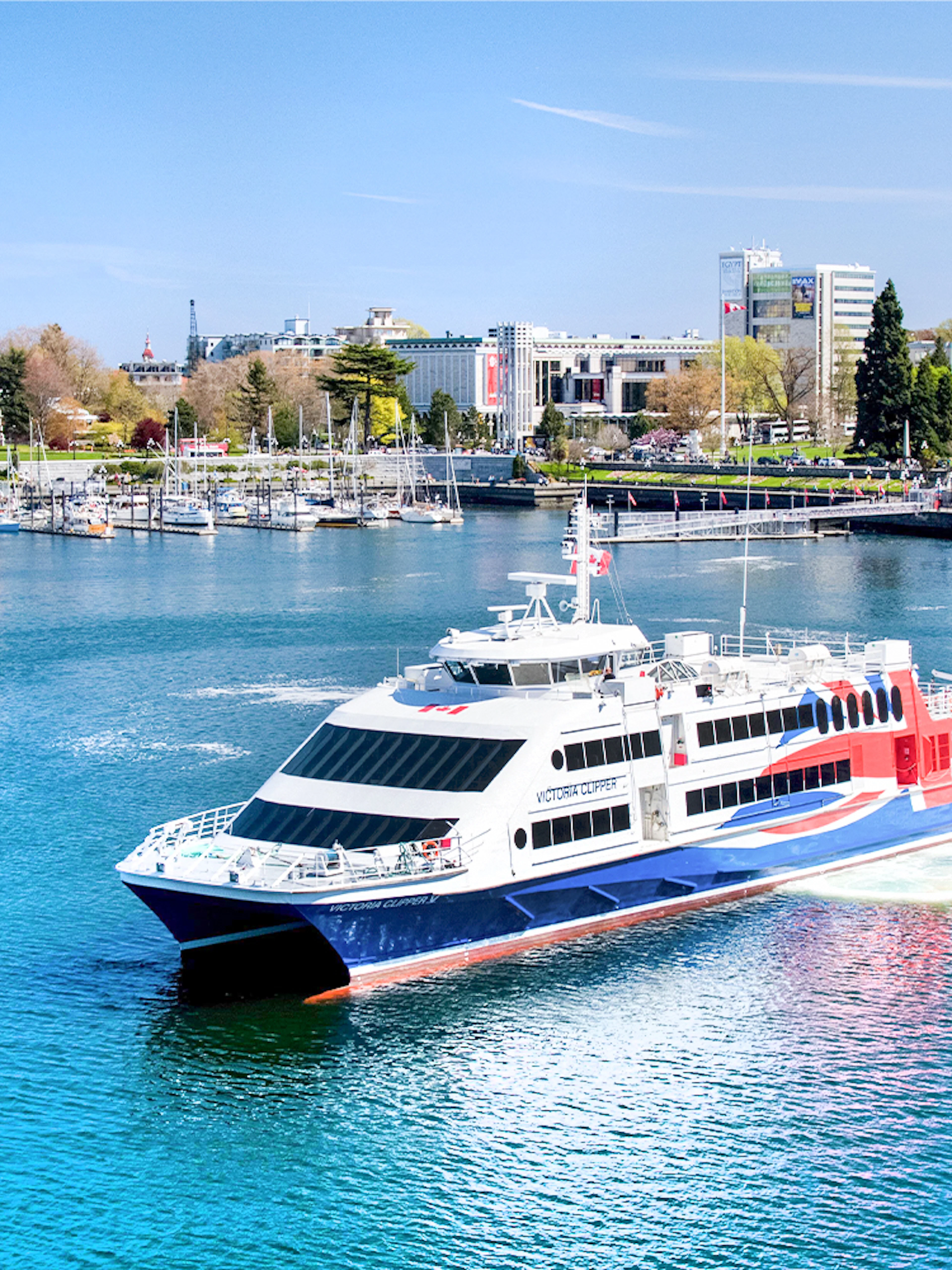 High-speed ferry in Victoria harbor with cityscape and marina views.