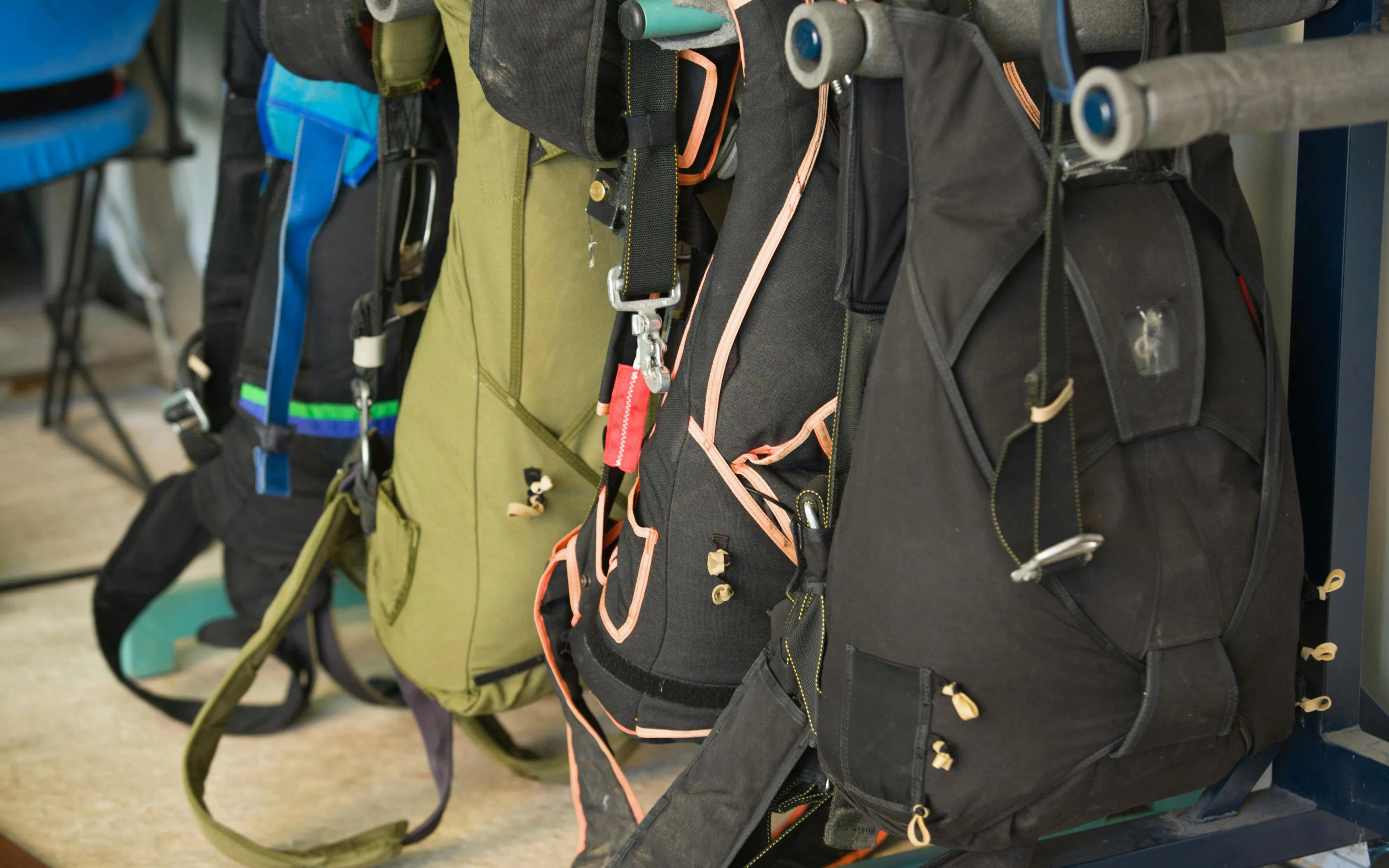 Parachute packs ready for adventure skydiving in Queenstown.