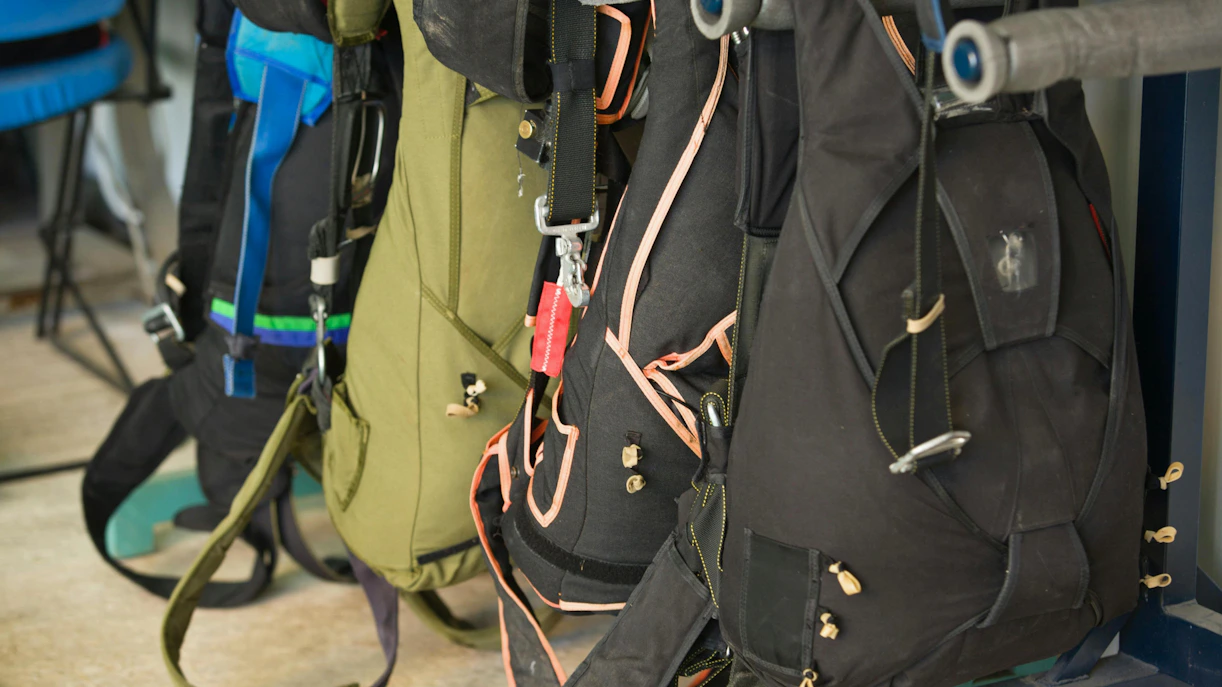 Parachute packs ready for adventure skydiving in Queenstown.