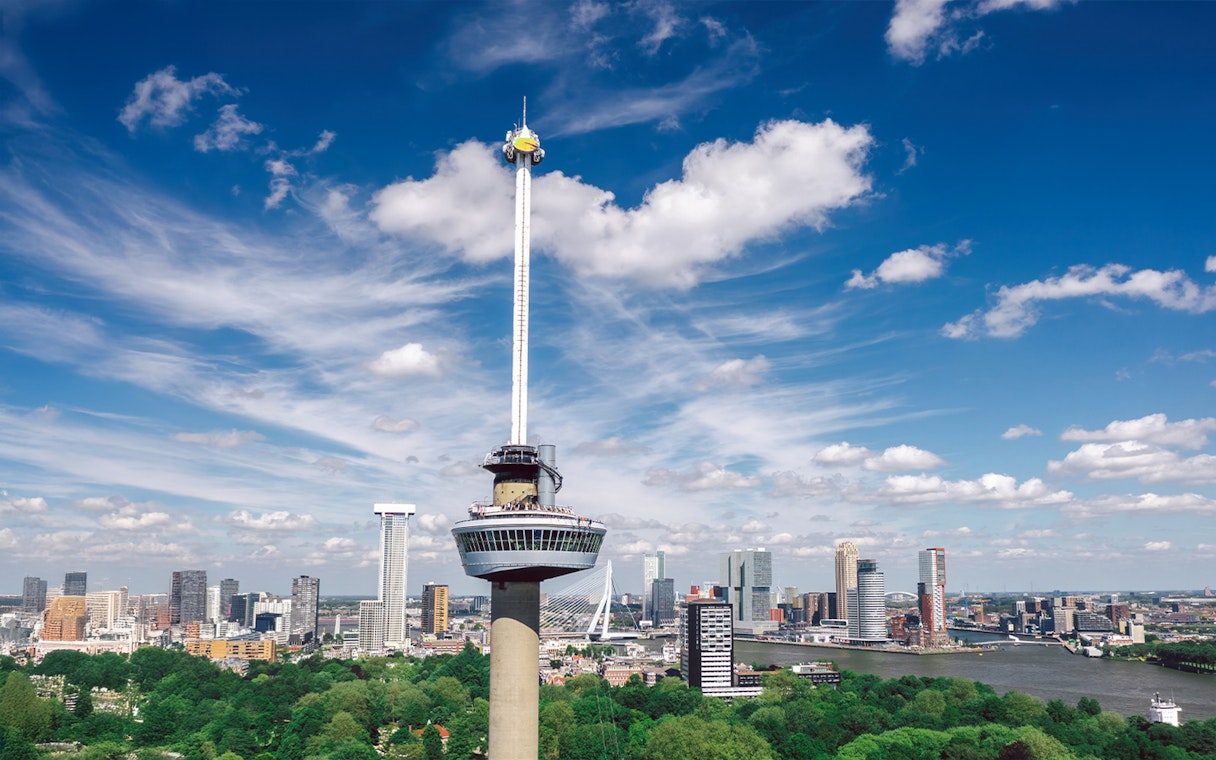 Euromast tower overlooking Rotterdam skyline, Netherlands.