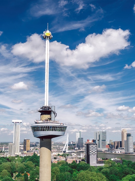 Euromast tower overlooking Rotterdam skyline, Netherlands.