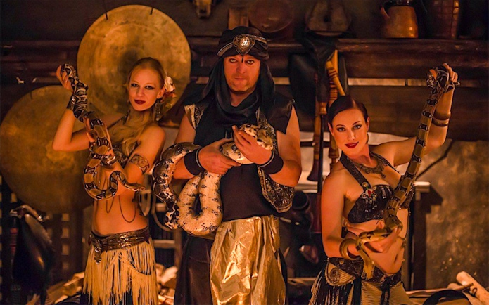 Medieval dinner show with snake dancers holding pythons.