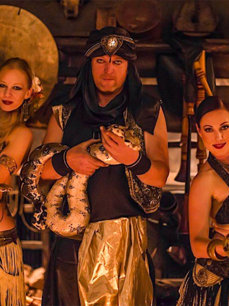 Medieval dinner show with snake dancers holding pythons.