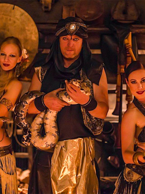 Medieval dinner show with snake dancers holding pythons.