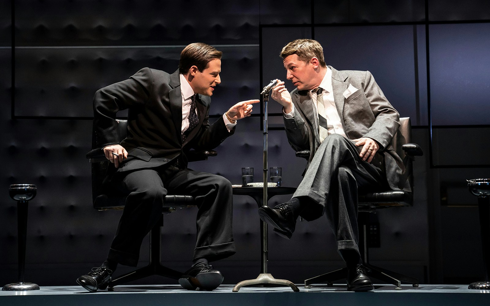 Actor performing on stage in "Good Night, Oscar" play, New York theater.