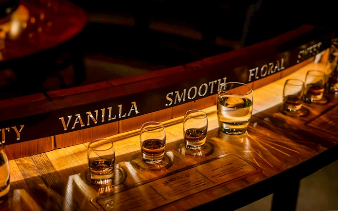 Whiskey tasting glasses at Jameson Distillery Bow St. in Dublin.