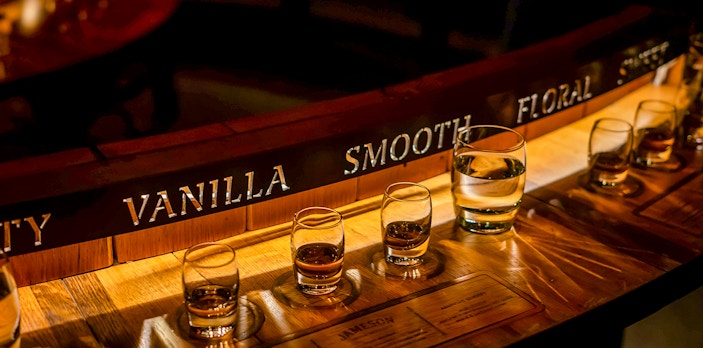 Whiskey tasting glasses at Jameson Distillery Bow St. in Dublin.