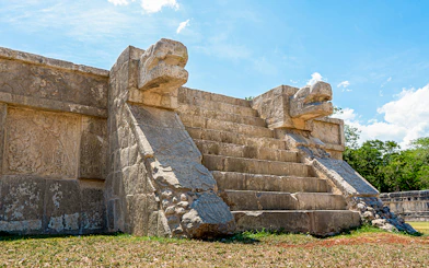 Temple stairs with serpent carvings at Chichen Itza, Mexico.