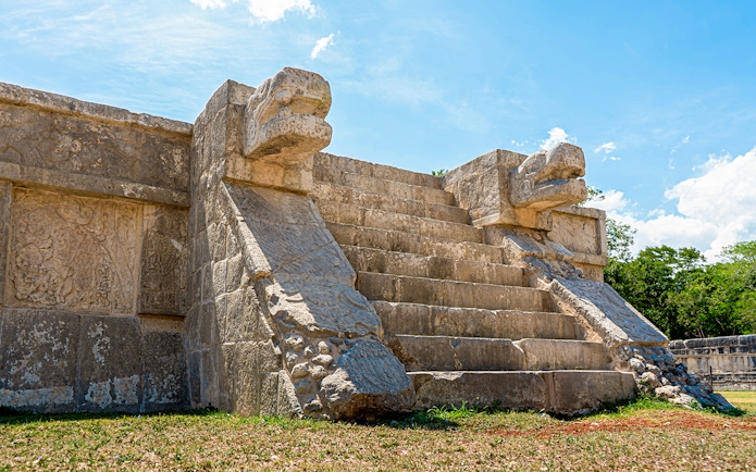 Temple stairs with serpent carvings at Chichen Itza, Mexico.