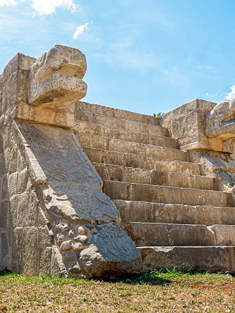 Temple stairs with serpent carvings at Chichen Itza, Mexico.