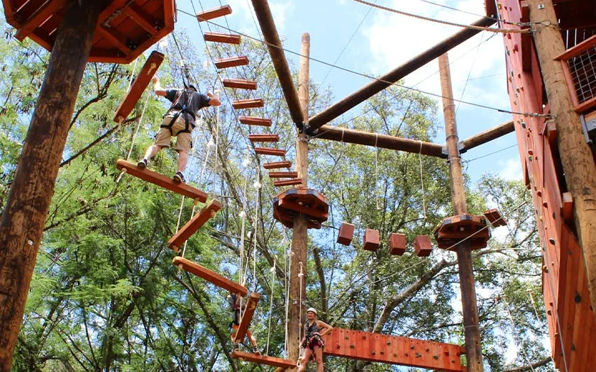 Adventure course with climbers on an 18-obstacle course, featuring a climbing wall and ropes.