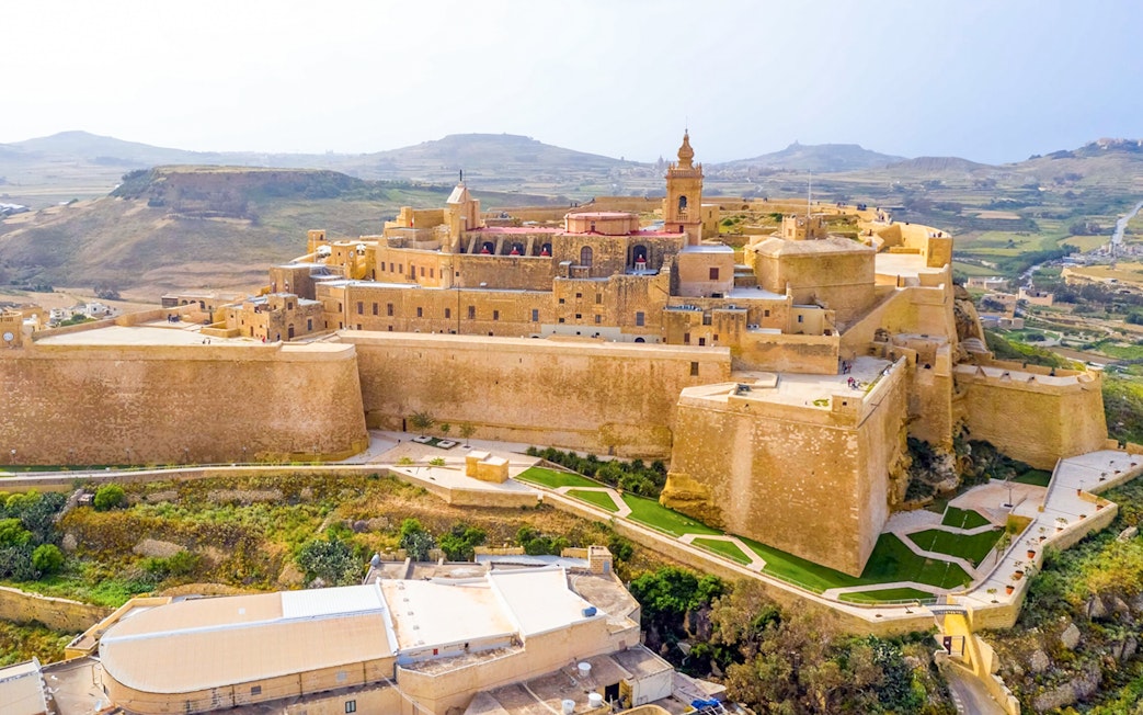 Citadel of Victoria in Gozo, Malta, viewed from above, showcasing historic fortifications.