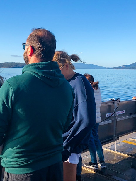 Tourists on a boat enjoying views of Bruny Island's coastline from Hobart.