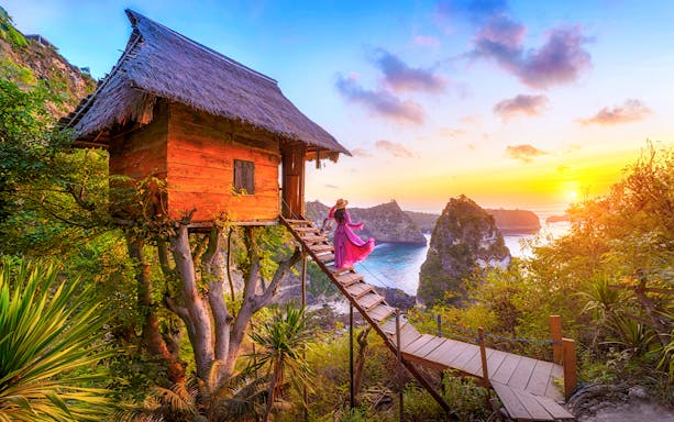 Treehouse overlooking ocean cliffs at sunrise, Nusa Penida Island tour.