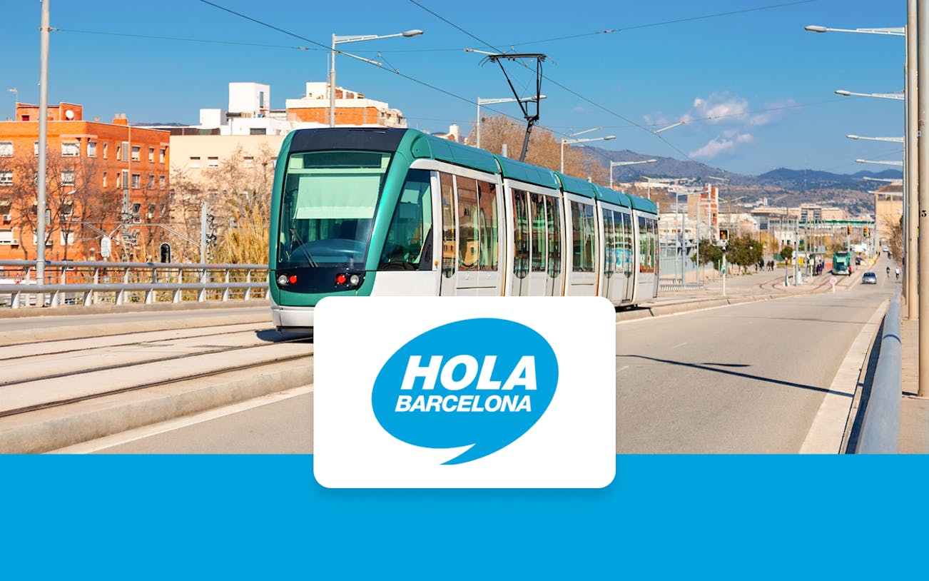 Barcelona tram on city street with Hola Barcelona pass logo.