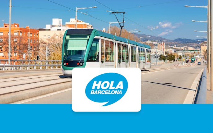 Barcelona tram on city street with Hola Barcelona pass logo.