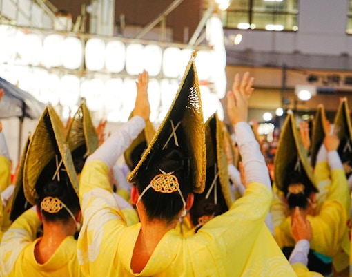 Dancers in traditional attire at Koenji Awaodori Dance Festival, Tokyo, Japan.