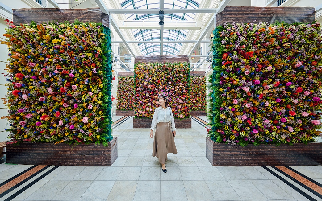 Huis Ten Bosch floral display with visitor walking through vibrant flower walls.