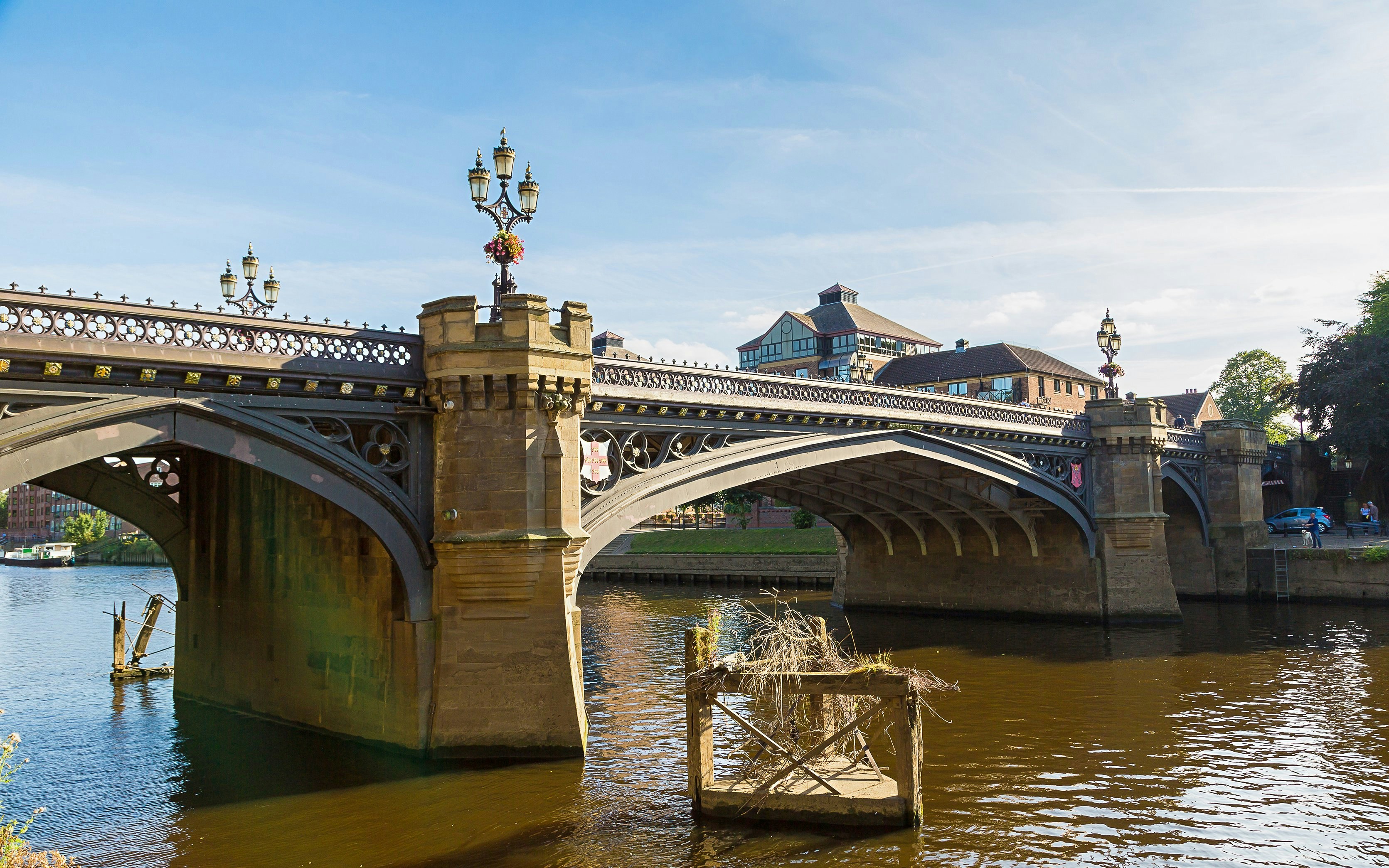 Skeldergate Bridge spanning the River Ouse in York, England, with historic architecture.
