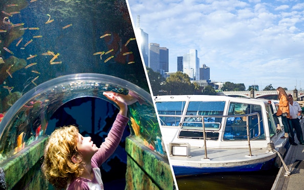 SEA LIFE Melbourne Aquarium tunnel and river cruise boat with city skyline.