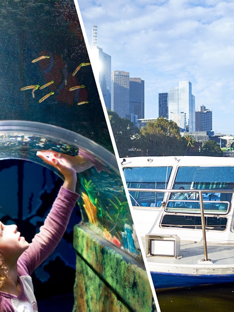 SEA LIFE Melbourne Aquarium tunnel and river cruise boat with city skyline.