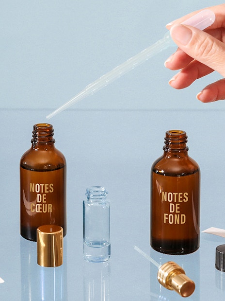 Perfume mixing bottles and pipette at Mini Perfume Workshop in EZE-Village.